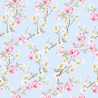 Kuşlar ve çiçeklerle bezenmiş çiçek desenli Chinoiserie. Görüntü