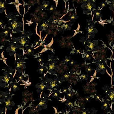 Kuşlar ve çiçeklerle bezenmiş çiçek desenli Chinoiserie. Görüntü