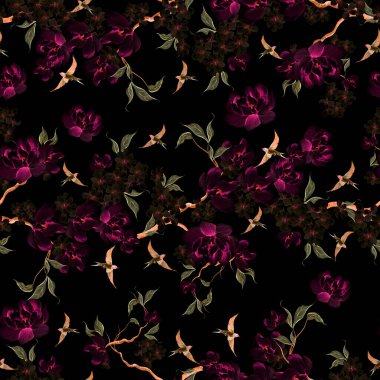 Kuşlar ve çiçeklerle bezenmiş çiçek desenli Chinoiserie. Görüntü