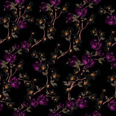 Kuşlar ve çiçeklerle bezenmiş çiçek desenli Chinoiserie. Görüntü