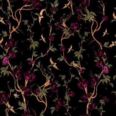 Kuşlar ve çiçeklerle bezenmiş çiçek desenli Chinoiserie. Görüntü