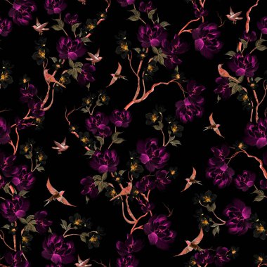 Kuşlar ve çiçeklerle bezenmiş çiçek desenli Chinoiserie. Görüntü