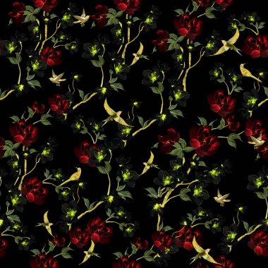 Kuşlar ve çiçeklerle bezenmiş çiçek desenli Chinoiserie. Görüntü