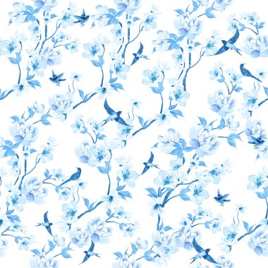 Kuşlar ve çiçeklerle bezenmiş çiçek desenli Chinoiserie. Görüntü