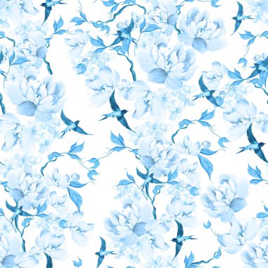 Kuşlar ve çiçeklerle bezenmiş çiçek desenli Chinoiserie. Görüntü