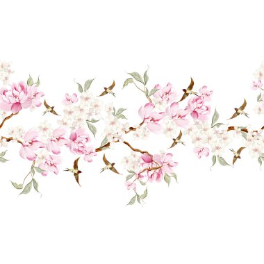 Kuşlar ve çiçeklerle süslü Chinoiserie çiçek sınırı. Görüntü