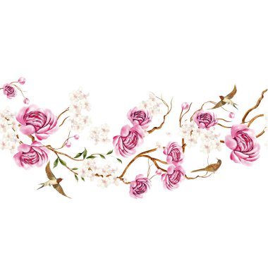 Kuşlar ve çiçeklerle süslü Chinoiserie çiçek sınırı. Görüntü