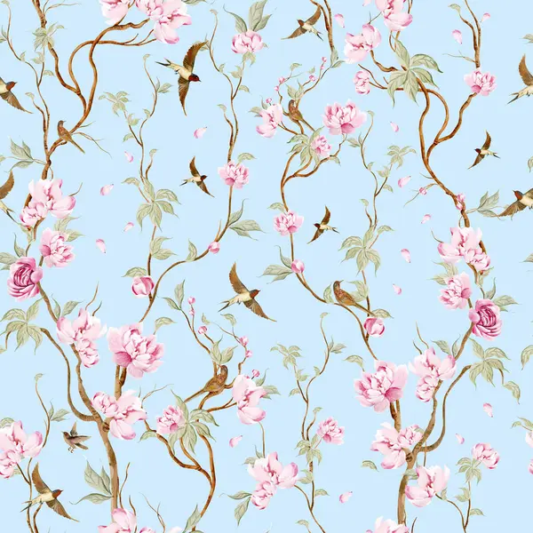 Klasik Toile de Jouy elementleri mavi renkte ayarlandı. resimleme