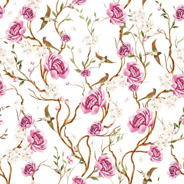 Kuşlar ve çiçeklerle bezenmiş çiçek desenli Chinoiserie. Görüntü