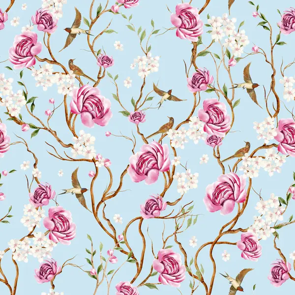 Kuşlar ve çiçeklerle bezenmiş çiçek desenli Chinoiserie. Görüntü