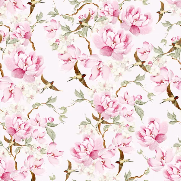 Kuşlar ve çiçeklerle bezenmiş çiçek desenli Chinoiserie. Görüntü