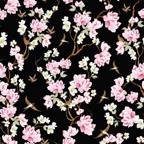 Kuşlar ve çiçeklerle bezenmiş çiçek desenli Chinoiserie. Görüntü