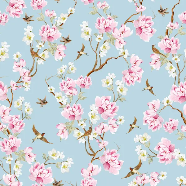 Kuşlar ve çiçeklerle bezenmiş çiçek desenli Chinoiserie. Görüntü