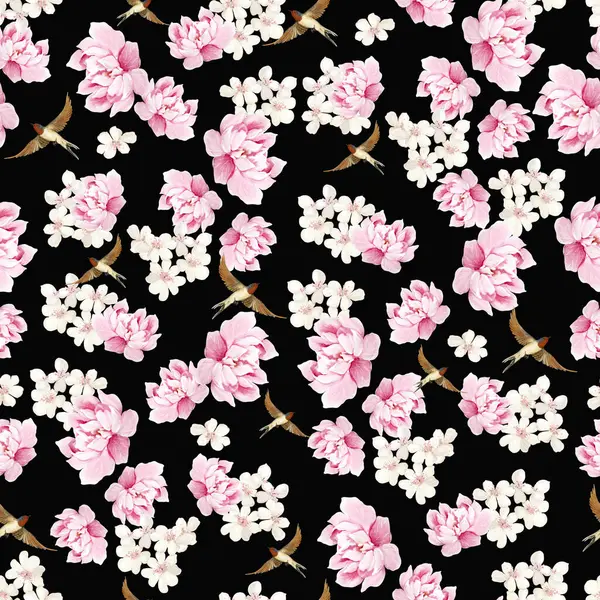 Kuşlar ve çiçeklerle bezenmiş çiçek desenli Chinoiserie. Görüntü