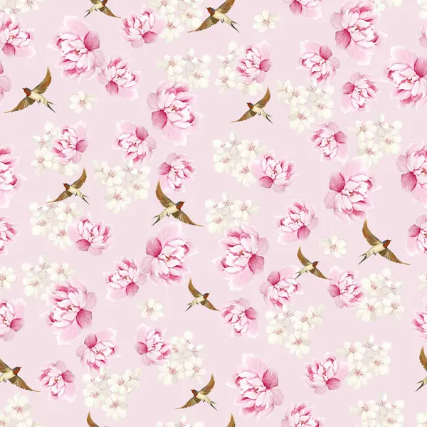 Kuşlar ve çiçeklerle bezenmiş çiçek desenli Chinoiserie. Görüntü