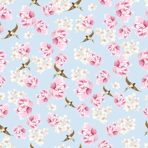 Kuşlar ve çiçeklerle bezenmiş çiçek desenli Chinoiserie. Görüntü