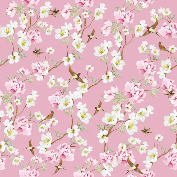 Kuşlar ve çiçeklerle bezenmiş çiçek desenli Chinoiserie. Görüntü