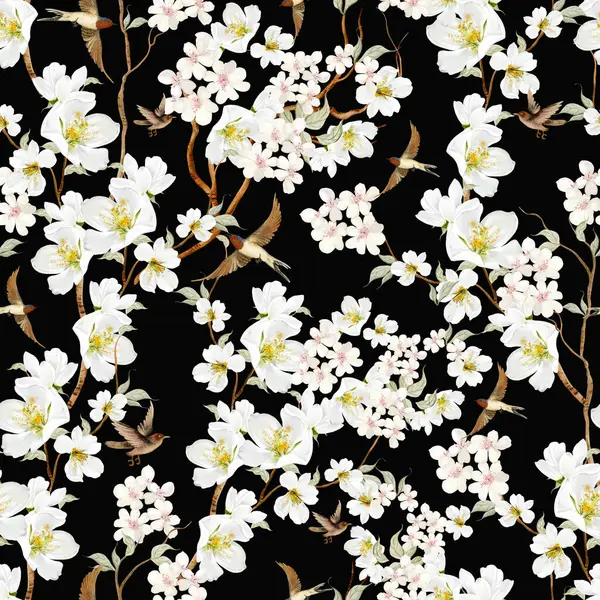 Kuşlar ve çiçeklerle bezenmiş çiçek desenli Chinoiserie. Görüntü