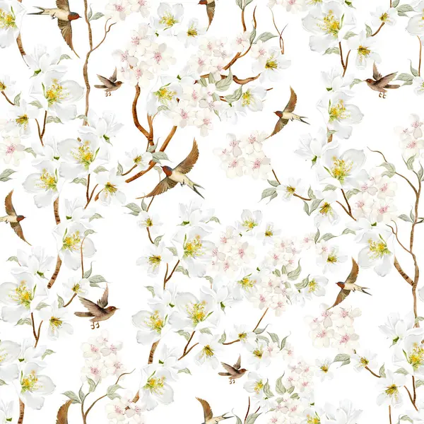 Kuşlar ve çiçeklerle bezenmiş çiçek desenli Chinoiserie. Görüntü