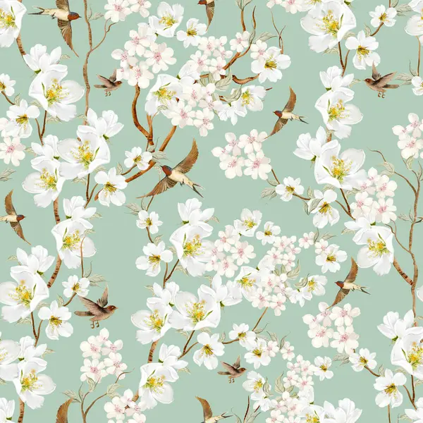 Kuşlar ve çiçeklerle bezenmiş çiçek desenli Chinoiserie. Görüntü