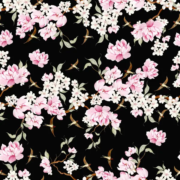 Kuşlar ve çiçeklerle bezenmiş çiçek desenli Chinoiserie. Görüntü