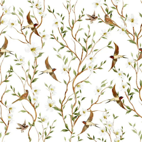 Kuşlar ve çiçeklerle bezenmiş çiçek desenli Chinoiserie. Görüntü