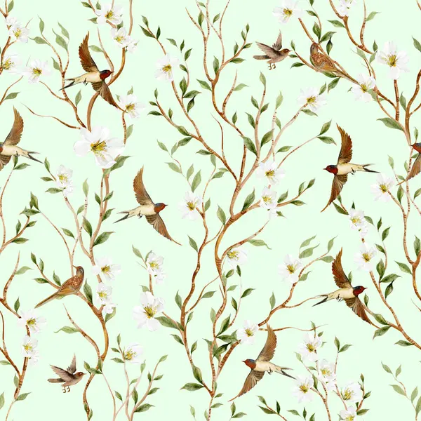 Kuşlar ve çiçeklerle bezenmiş çiçek desenli Chinoiserie. Görüntü