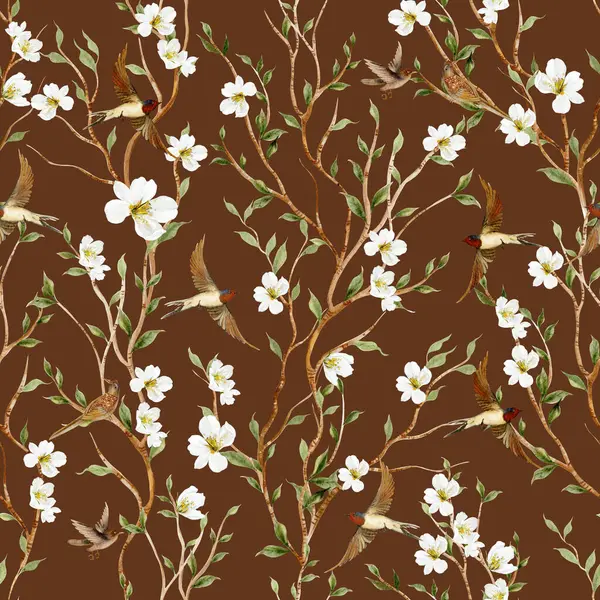 Kuşlar ve çiçeklerle bezenmiş çiçek desenli Chinoiserie. Görüntü