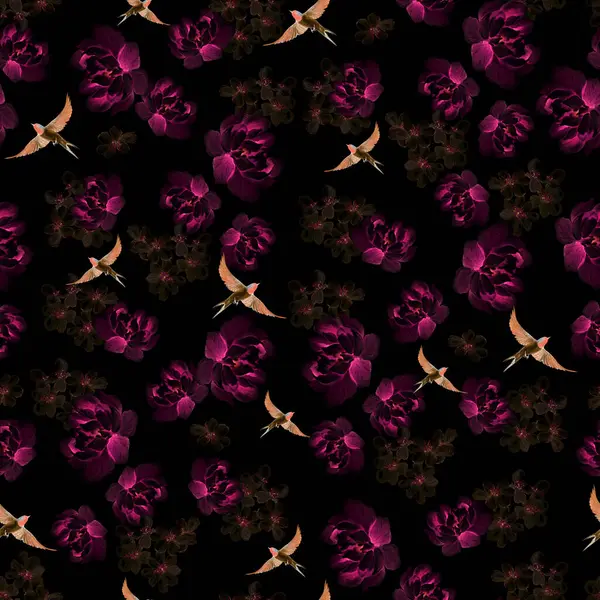 Kuşlar ve çiçeklerle bezenmiş çiçek desenli Chinoiserie. Görüntü