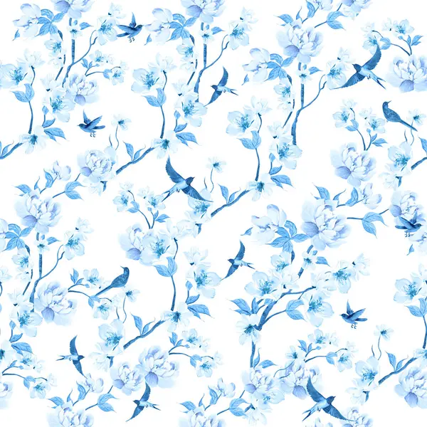 Kuşlar ve çiçeklerle bezenmiş çiçek desenli Chinoiserie. Görüntü