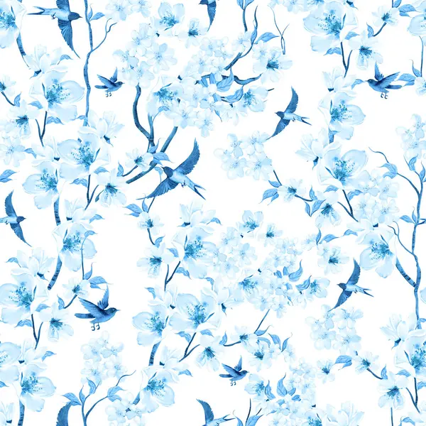 Kuşlar ve çiçeklerle bezenmiş çiçek desenli Chinoiserie. Görüntü