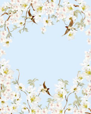 Çiçekli Chinoiserie düğün kartı, kuşlar ve çiçekler. Görüntü