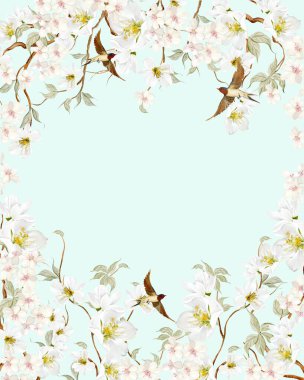 Çiçekli Chinoiserie düğün kartı, kuşlar ve çiçekler. Görüntü