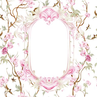 Çiçekli Chinoiserie düğün kartı, kuşlar ve çiçekler. Görüntü