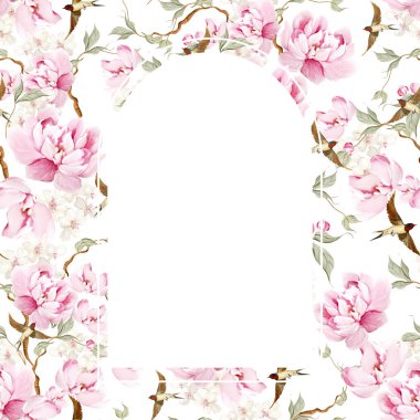 Çiçekli Chinoiserie düğün kartı, kuşlar ve çiçekler. Görüntü