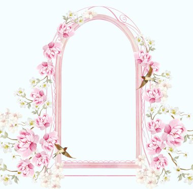 Çiçekli Chinoiserie düğün kartı, kuşlar ve çiçekler. Görüntü