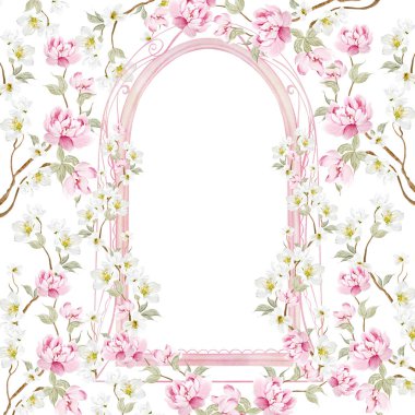 Çiçekli Chinoiserie düğün kartı, kuşlar ve çiçekler. Görüntü