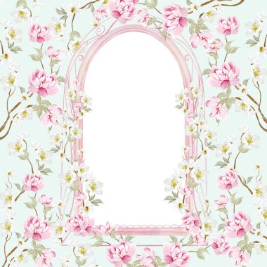 Çiçekli Chinoiserie düğün kartı, kuşlar ve çiçekler. Görüntü