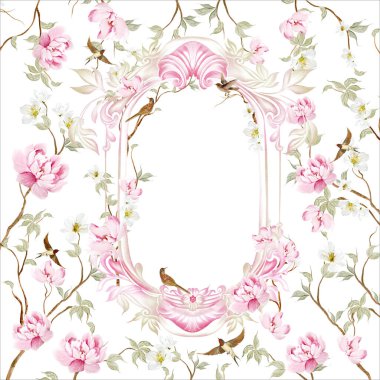 Çiçekli Chinoiserie düğün kartı, kuşlar ve çiçekler. Görüntü