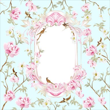 Çiçekli Chinoiserie düğün kartı, kuşlar ve çiçekler. Görüntü