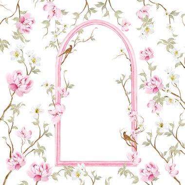 Çiçekli Chinoiserie düğün kartı, kuşlar ve çiçekler. Görüntü