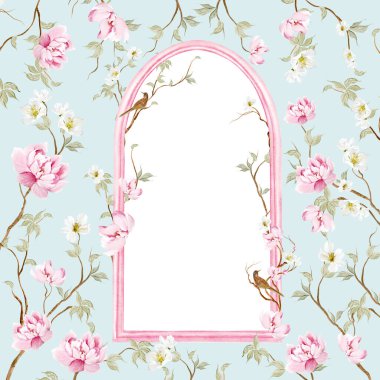 Çiçekli Chinoiserie düğün kartı, kuşlar ve çiçekler. Görüntü