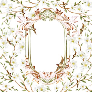 Çiçekli Chinoiserie düğün kartı, kuşlar ve çiçekler. Görüntü