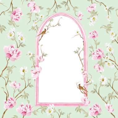 Çiçekli Chinoiserie düğün kartı, kuşlar ve çiçekler. Görüntü