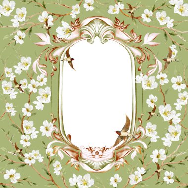 Çiçekli Chinoiserie düğün kartı, kuşlar ve çiçekler. Görüntü