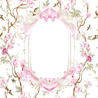 Çiçekli Chinoiserie düğün kartı, kuşlar ve çiçekler. Görüntü