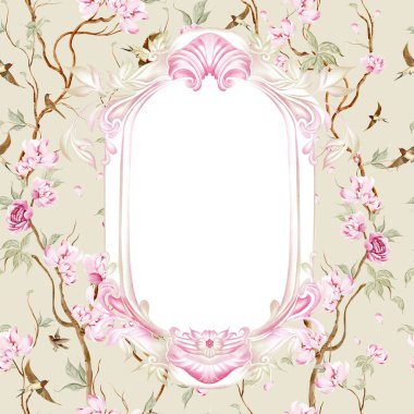 Çiçekli Chinoiserie düğün kartı, kuşlar ve çiçekler. Görüntü