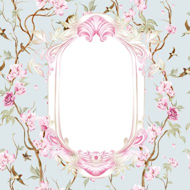 Çiçekli Chinoiserie düğün kartı, kuşlar ve çiçekler. Görüntü