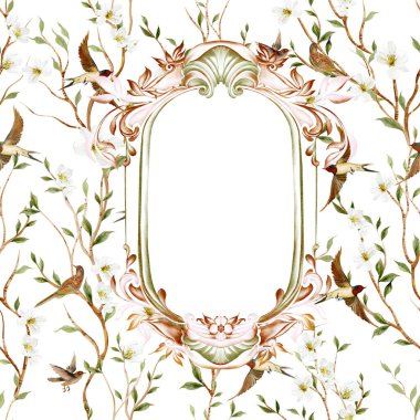 Çiçekli Chinoiserie düğün kartı, kuşlar ve çiçekler. Görüntü