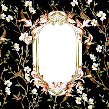 Çiçekli Chinoiserie düğün kartı, kuşlar ve çiçekler. Görüntü